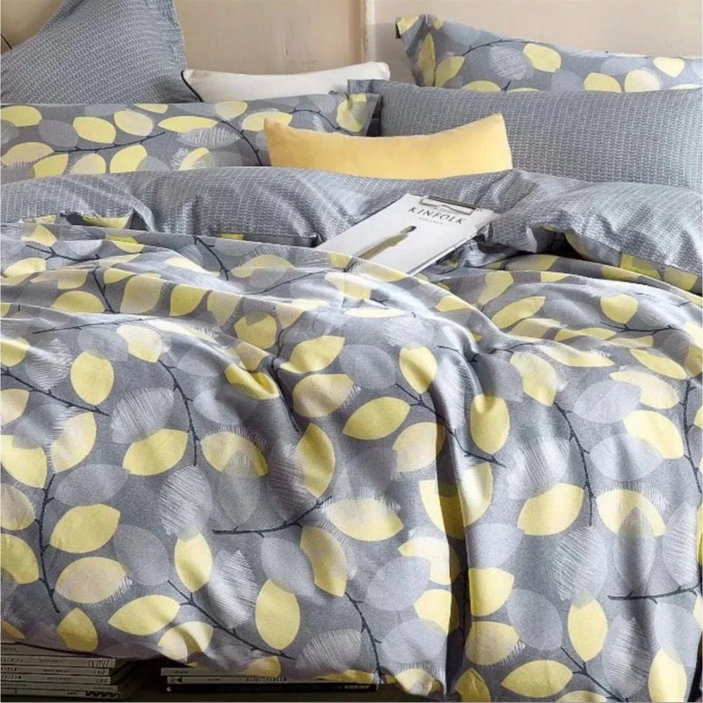 Floral Stitch Gray Yellow 100% Cotton‎ Reversible Duvet Cover Set Queen/Full